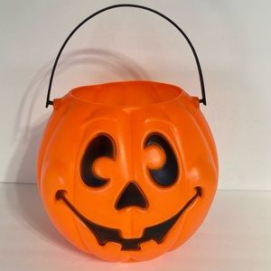 Jack O Lantern Trick or Treat Blow Mold Halloween Pumpkin Candy Bucket Pail Vtg